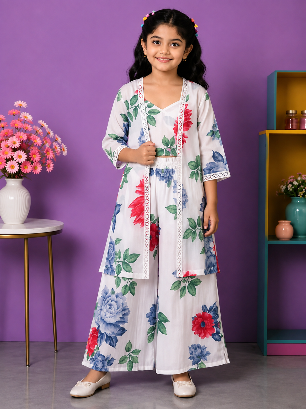Girls Floral Printed Crop Top, Palazzo & Jacket Set | 3-Piece Co-Ord Set