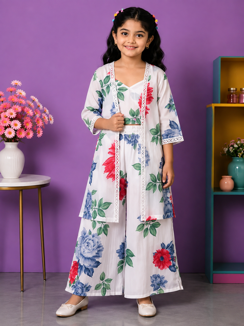 Girls Floral Printed Crop Top, Palazzo & Jacket Set | 3-Piece Co-Ord Set
