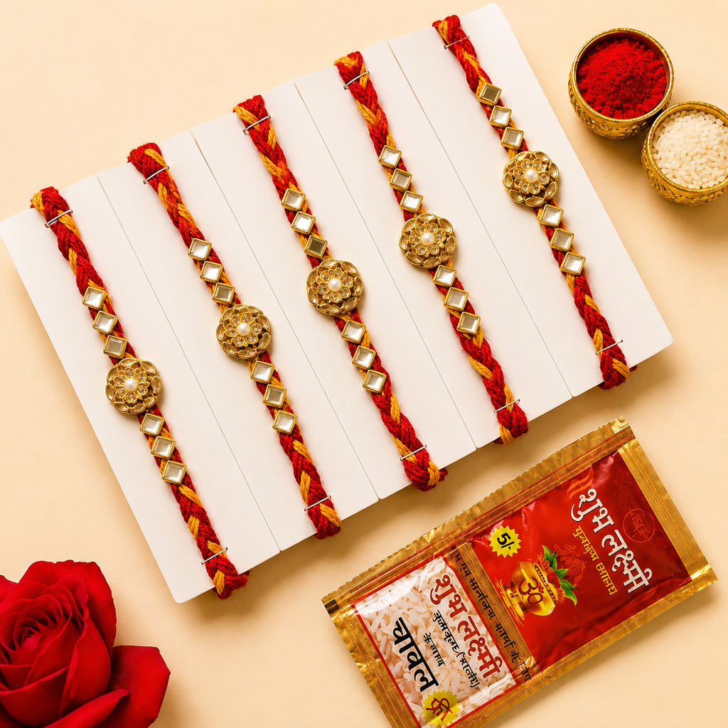 Rakhi Set of 5pcs with roli chawal | Premium Rakhi Gift Combo
