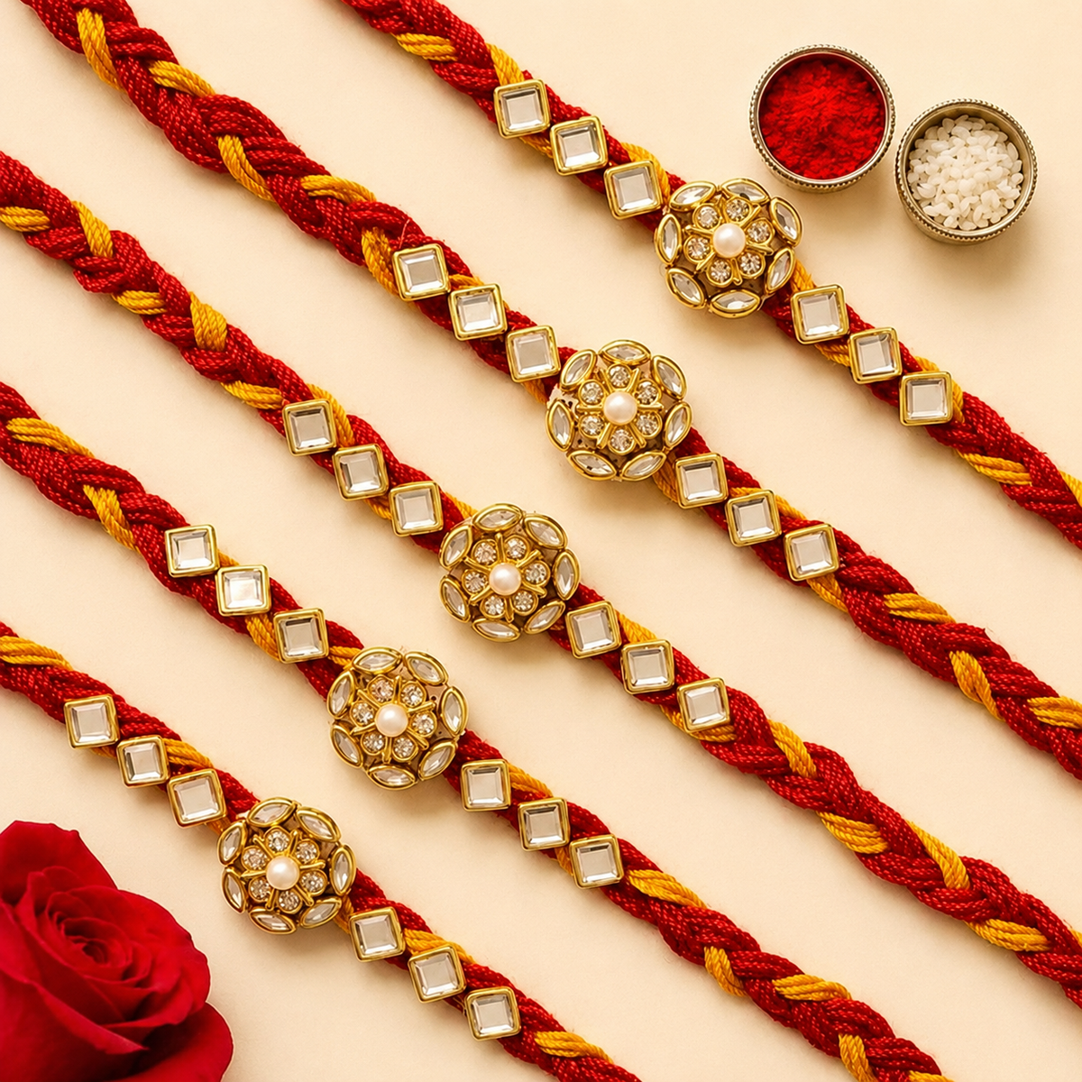 Rakhi Set of 5pcs with roli chawal | Premium Rakhi Gift Combo