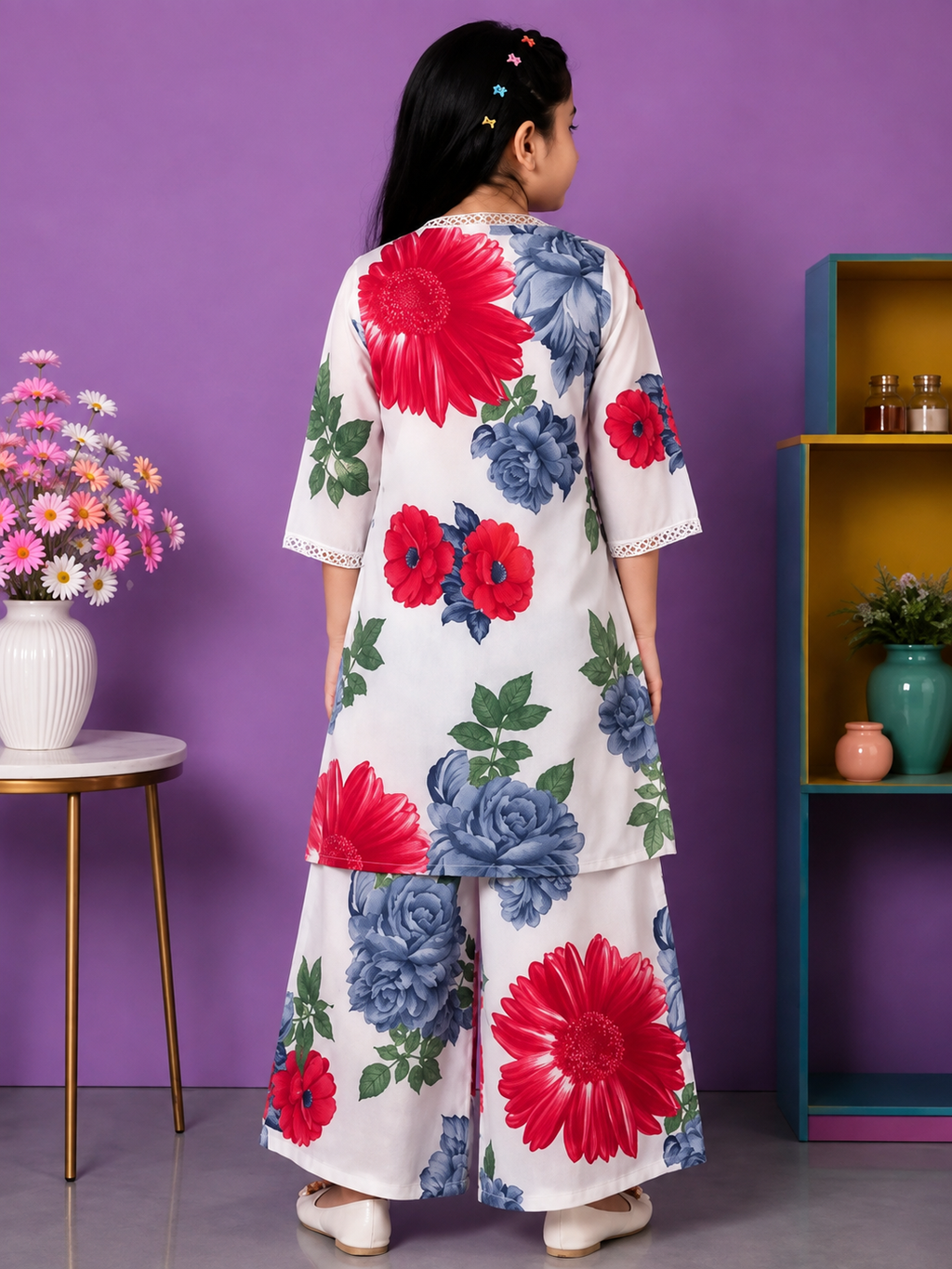 Girls Floral Printed Crop Top, Palazzo & Jacket Set | 3-Piece Co-Ord Set