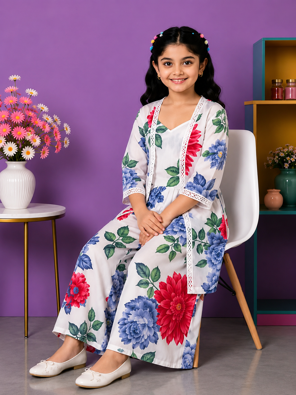 Girls Floral Printed Crop Top, Palazzo & Jacket Set | 3-Piece Co-Ord Set